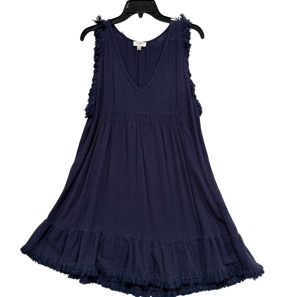 Umgee Navy Sleeveless Fringe Hem Babydoll Dress Boho Tunic M Casual Cotton